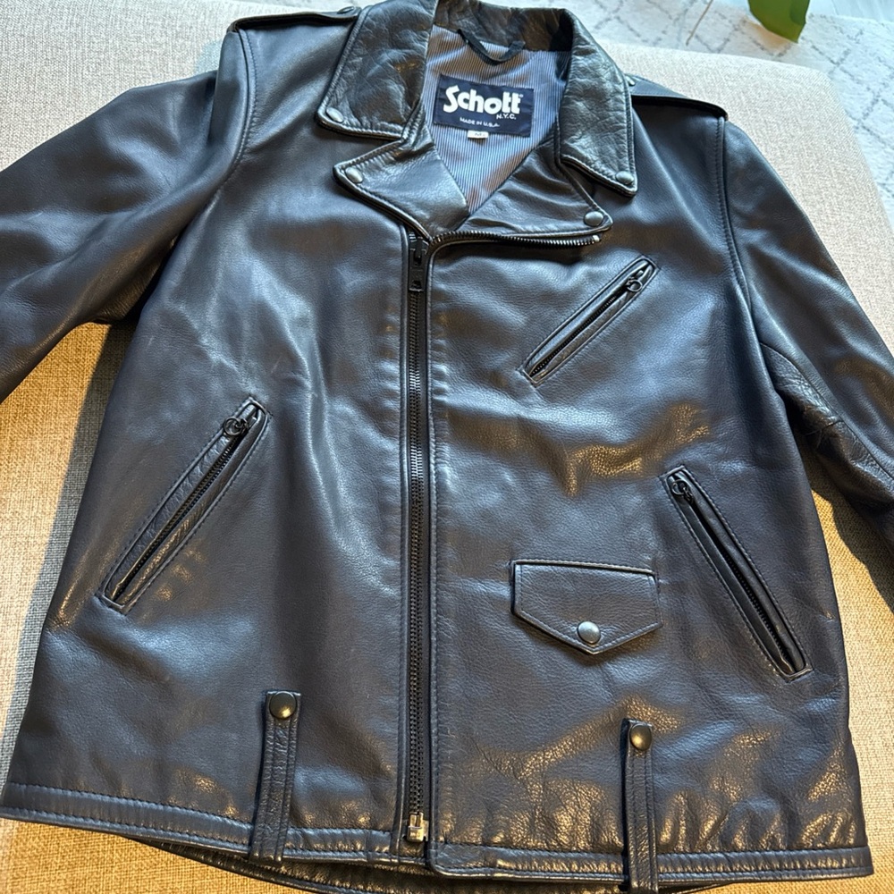 Schott NYC Men's Waxy Cowhide Leather Motorcycle Jacket Dark Blue Almost Black